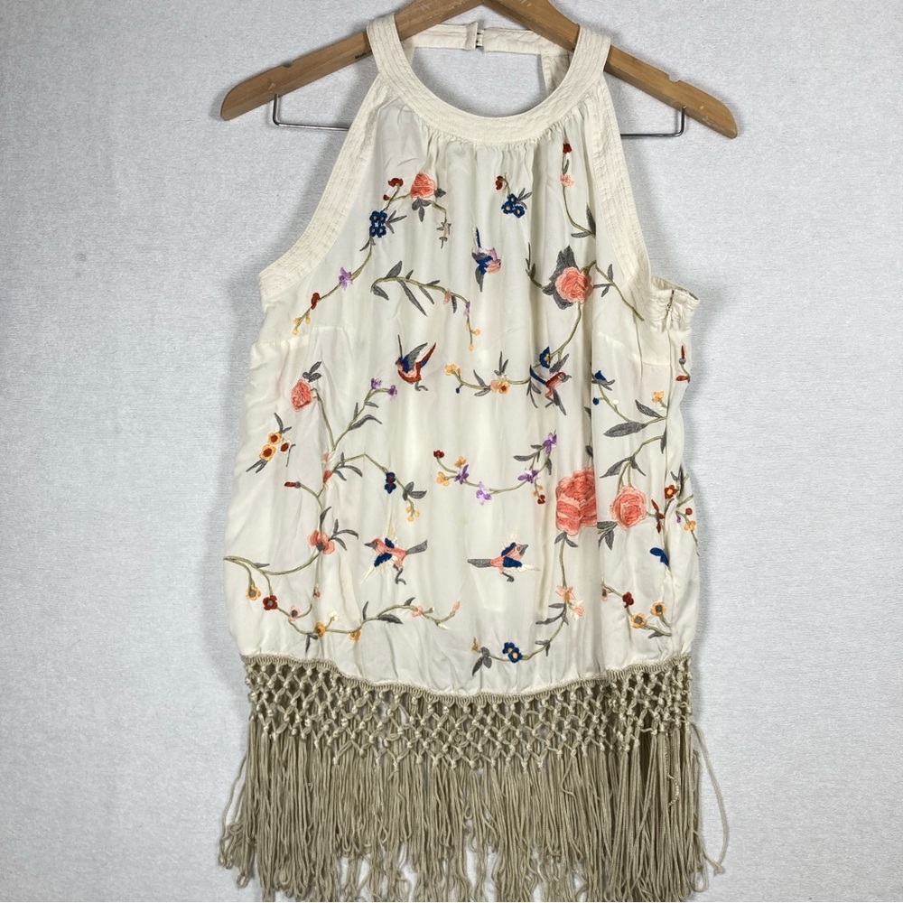 Anthropologie Gatsby Fringe Embroidered Floral Tank Top Size 10 - Picture 3 of 16